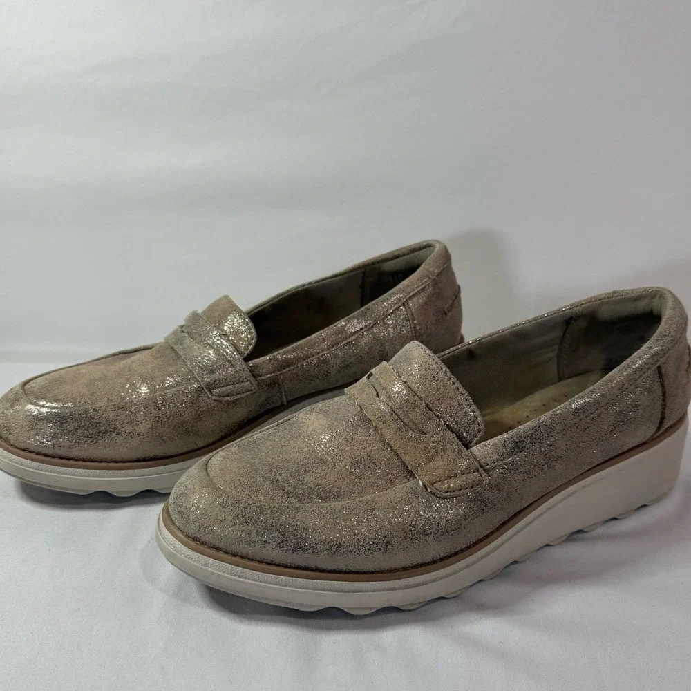 Clarks Sharon Ranch Penny Loafer Platform Suede Gold Pewter  Metallic‎ Size 9